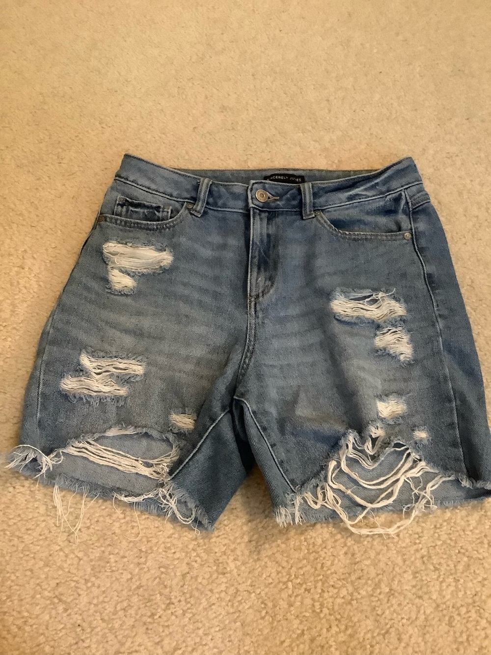 Sincerely Jules High Rise Distressed Blue Denim Jean Shorts 5” Inseam 7/28